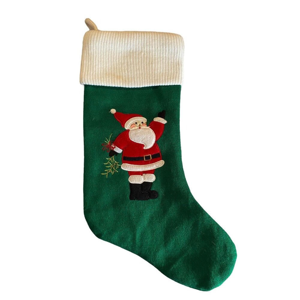 Christmas Stocking With Santa Appliqué & Embroidery Ribbed Cuff - 19” Holiday